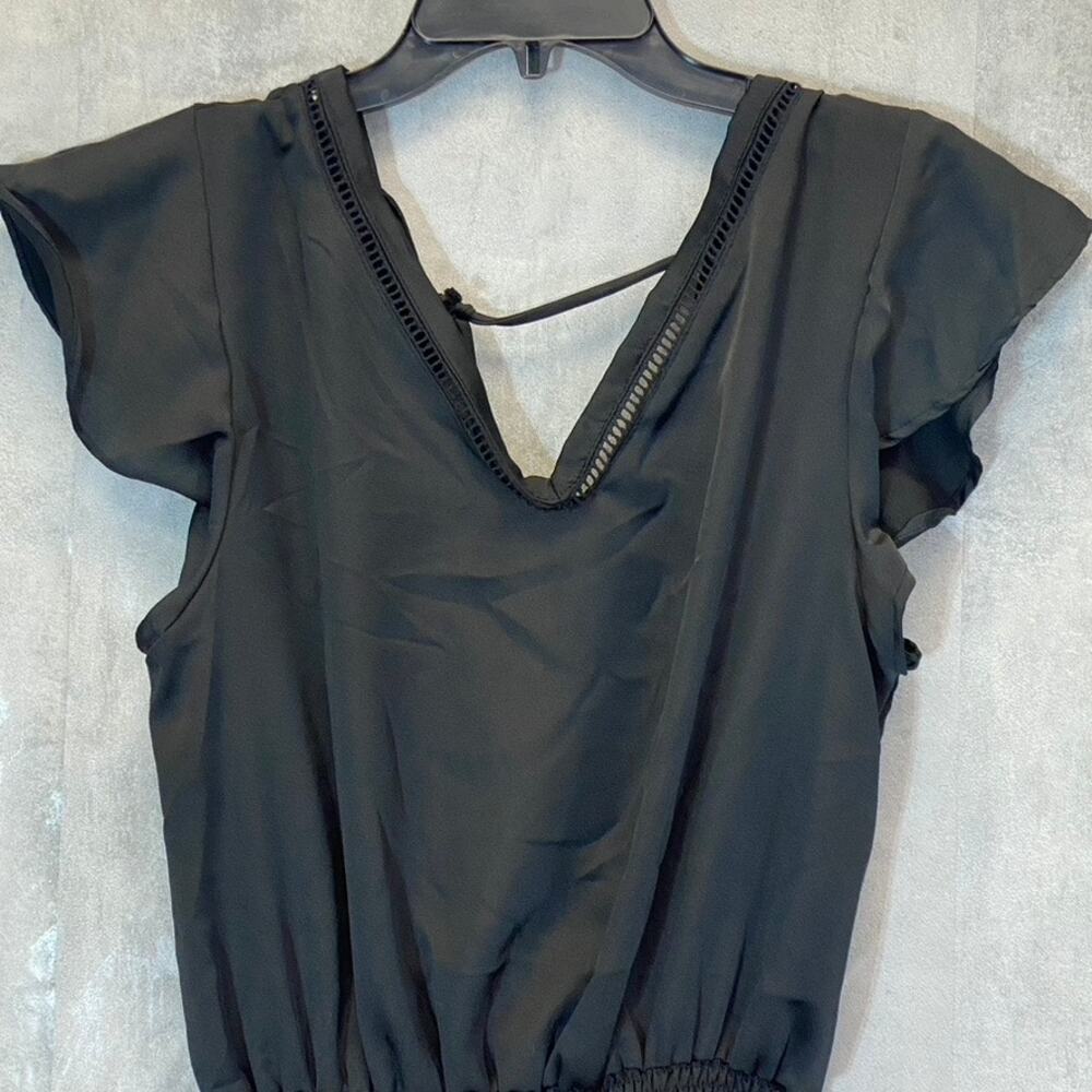 LUNA CHIX Women's Solid Black Flutter Sleeve Double V-Neck Smocked Waist Mini - Picture 4 of 9